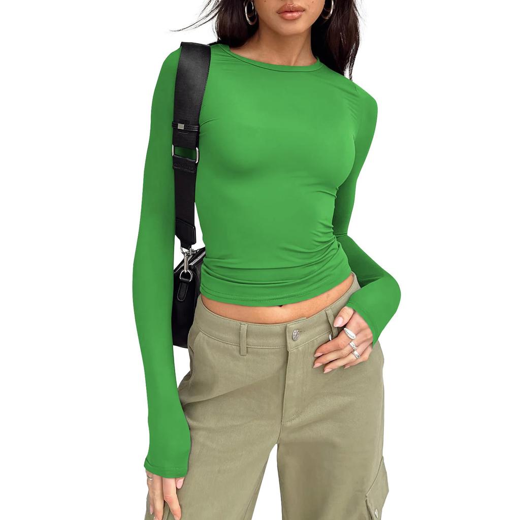 Женская модная однотонная футболка с круглым вырезом и длинными рукавами, топ