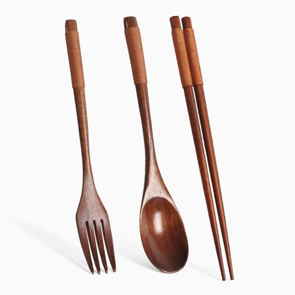 Korean Wooden Tableware Fork Spoon Chopsticks 3Pcs/Set Solid Wood Long Handle Spoon Chopsticks Portable Tableware