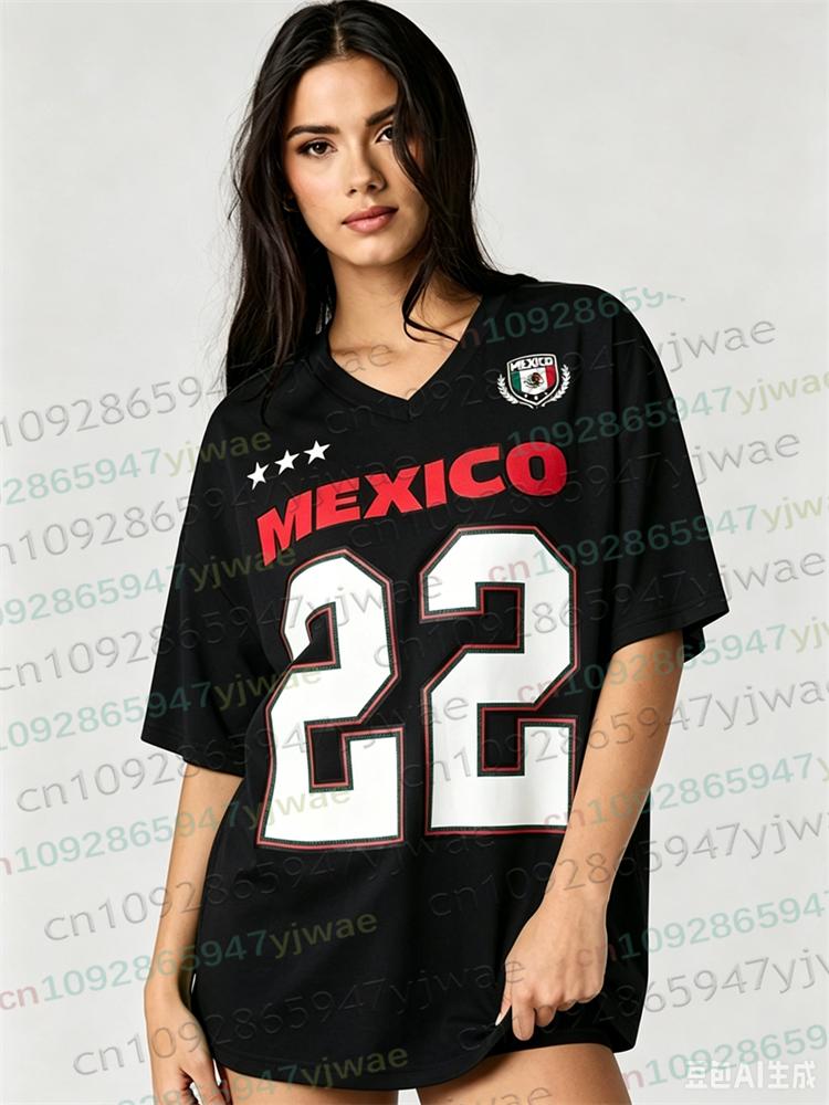 2026 Women Men Cheerleaders Mexico No.22 Y2k Tops Summer Soccer Short Sleeve Jersey Casual Tees Hip Hop Kids/Adult Tee Clothing