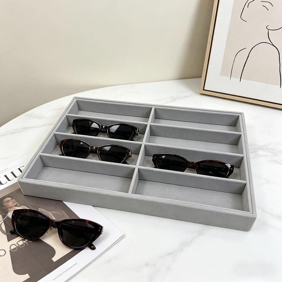 Versatile Gray Velvet Organizer Tray for Glasses, Jewelry & Watches - 8-Compartment, Stackable Display Storage Box, Jewelry Tray