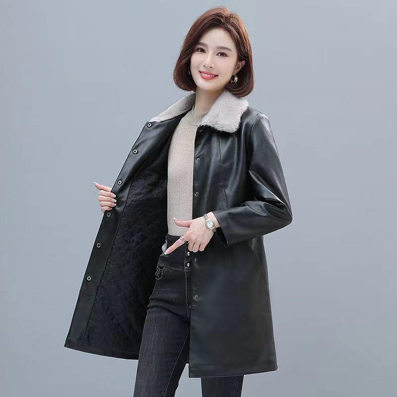 Haining Autumn and Winter Plus Cotton Winter Thick Leather Jacket PU Western Style Mid-length Loose Women's Windbreaker