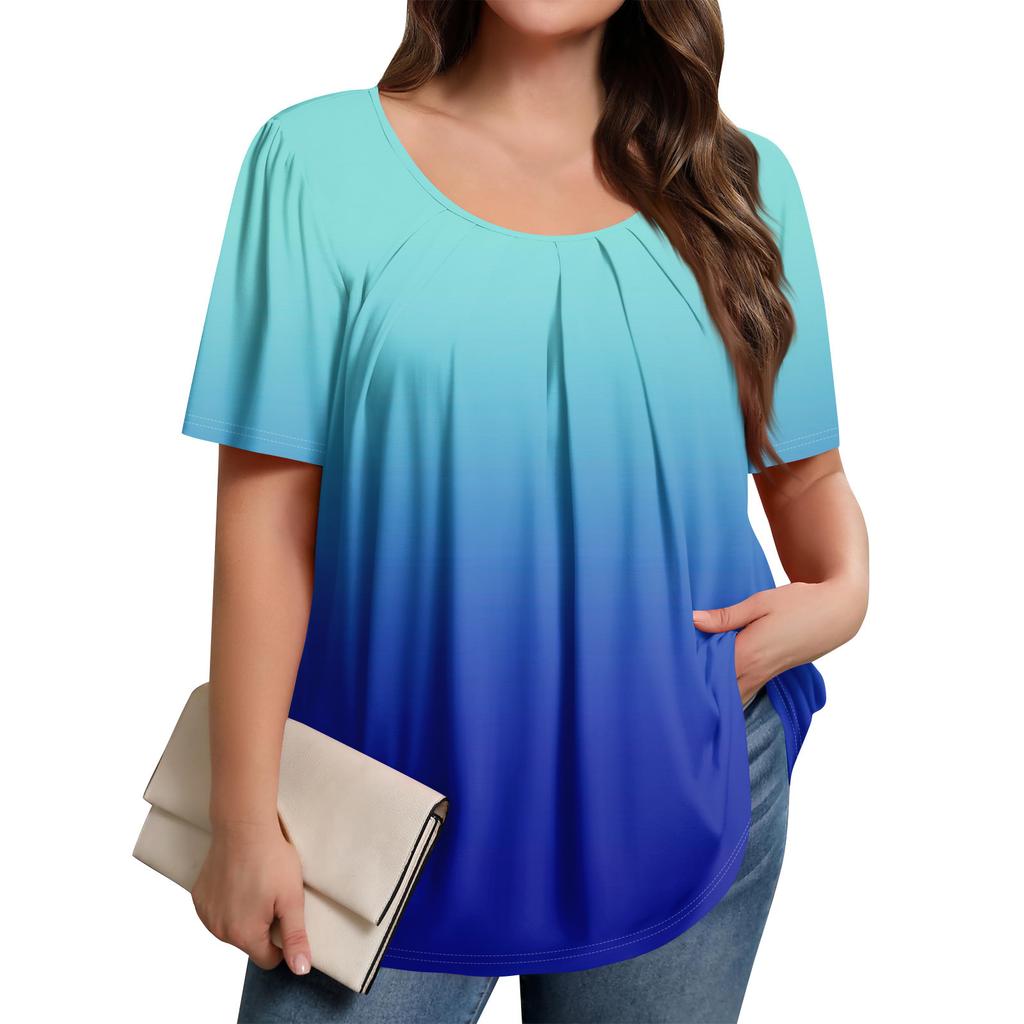 Плюс Размер Женский Повседневный Круглый Вырез Плиссированный Короткий Рукав Однотонный Топ
