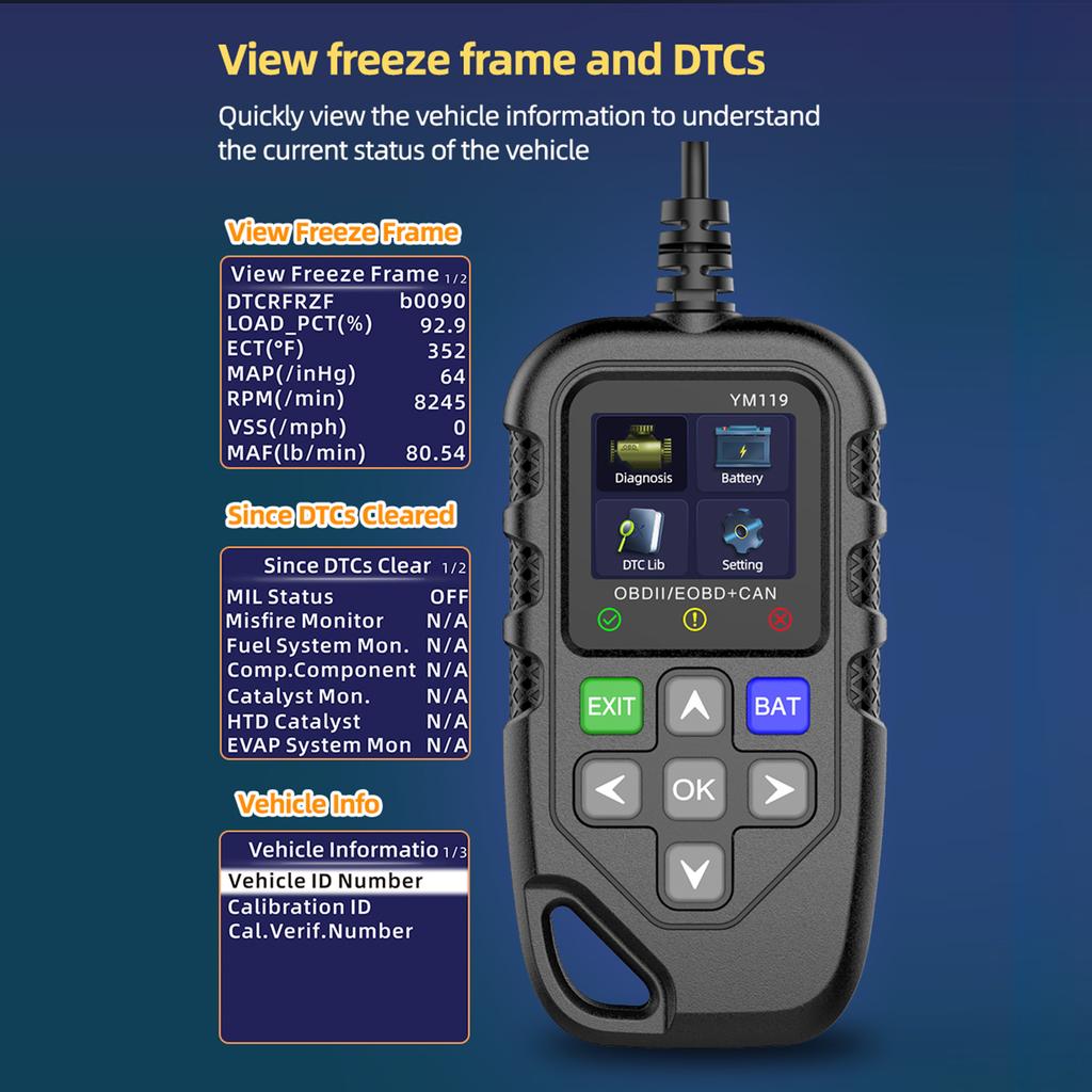 Сканер OBD II, Считыватель кодов неисправностей двигателя автомобиля, Тестер аккумулятора, Диагностический сканер CAN для бензиновых автомобилей 12 В, Черный