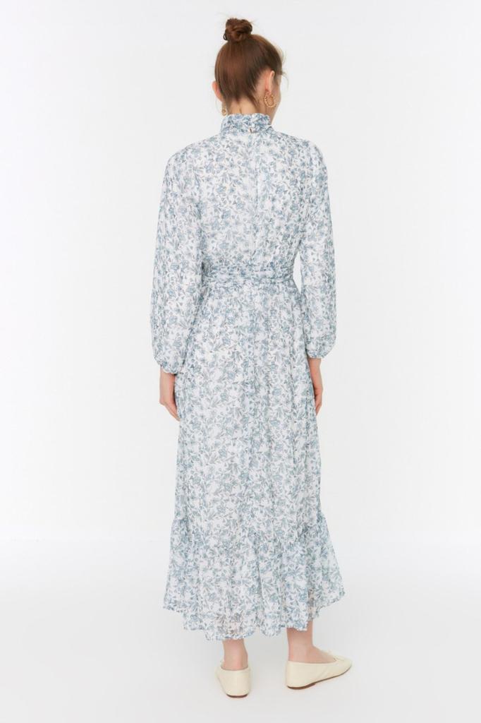 Женское стильное платье-хиджаб с зеленым цветочным принтом, высоким воротником и талией, на подкладке, шифоновое тканое платье