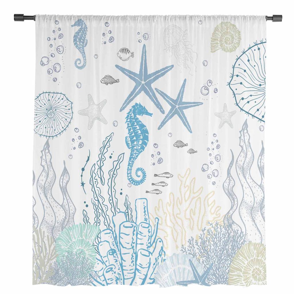 Ocean Coral Starfish Shell Sheer Curtains for Living Room Decoration Window Curtains for Kitchen Tulle Voile Organza Curtains