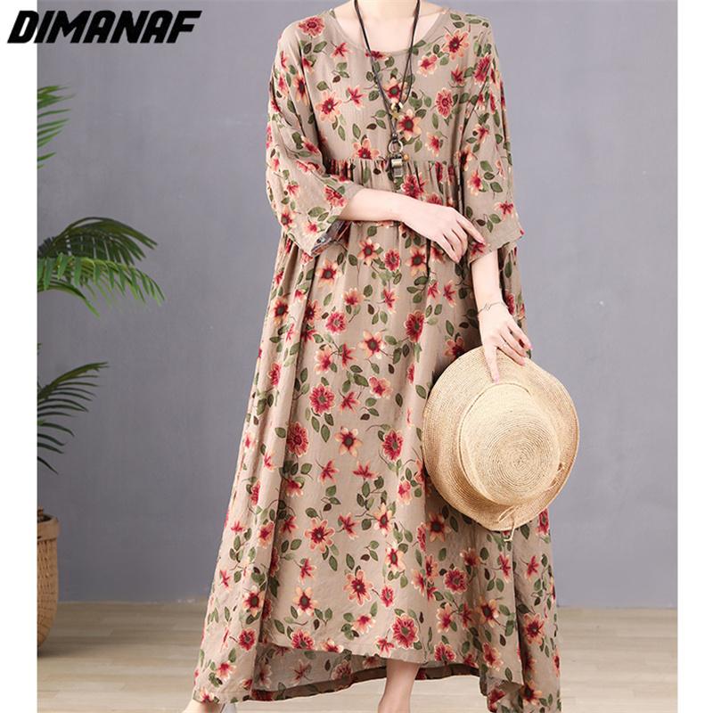 Dimanaf Женское платье больших размеров, новинка 2023 года, летнее стильное платье, свободное платье с длинным рукавом и круглым вырезом с цветочным принтом, зеленые льняные базовые платья