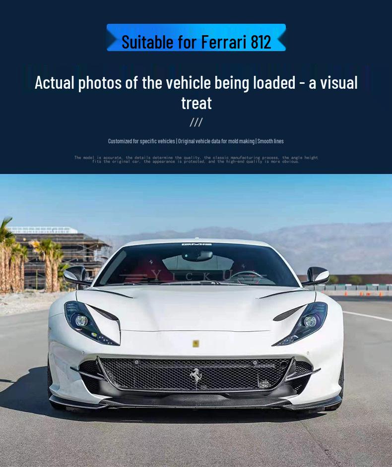 Fits Ferrari 812 N Models: Real Carbon Fiber Front Lip, Side Skirts, Center Lip, Rear Bumper Corners, Tail Wing Trim, Mirror Housings.