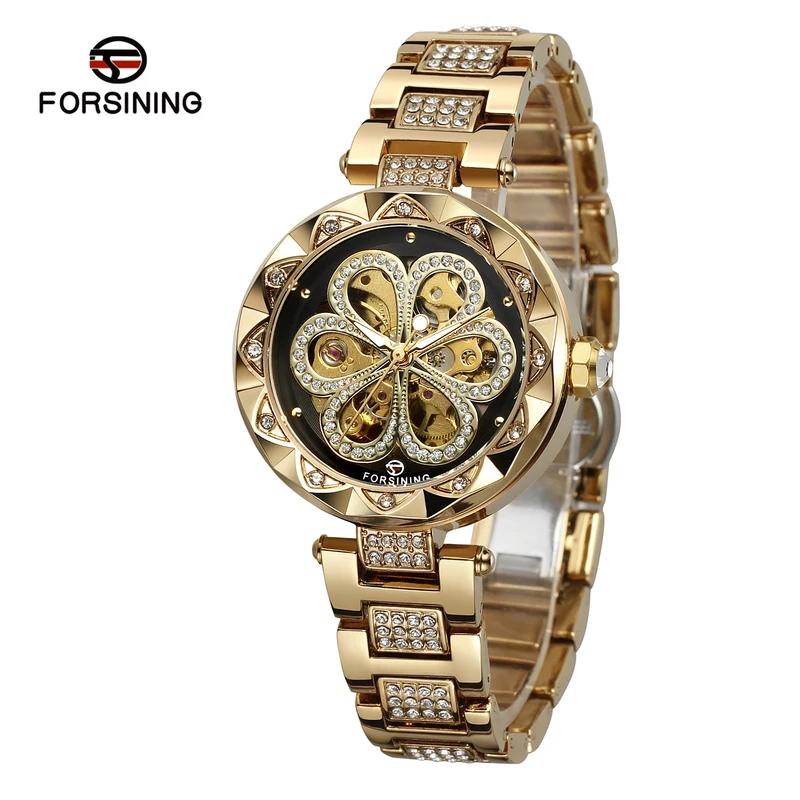 Forsining Elegant Fashion Women Automatic Mechanical Watches Luxury Diamond Stainless Steel Waterproof Ladies Stylish Wristwatch