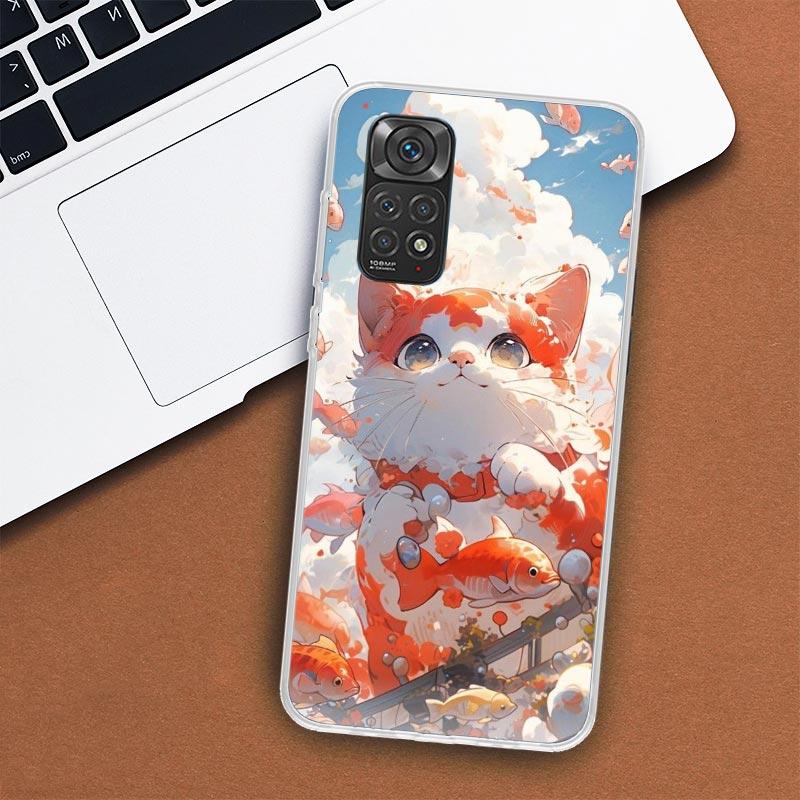Эстетический чехол для телефона с милым котом и рыбкой для Xiaomi Redmi Note 13 12 12S 11 11S 10 10S 9 9S 11T 11E Pro Plus 8 8T 7 + Coque Coque