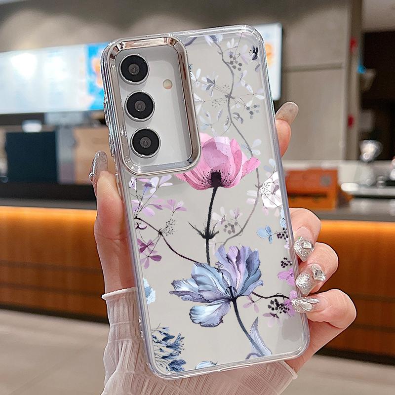 Чехол с цветочным узором для Samsung S26 S25 Ultra S24 FE S23 Plus S22 S21 A15 A16 A17 A35 A36 A37 A54 A55 A56 A57 5G С гальваническим покрытием для объектива Мягкий чехол