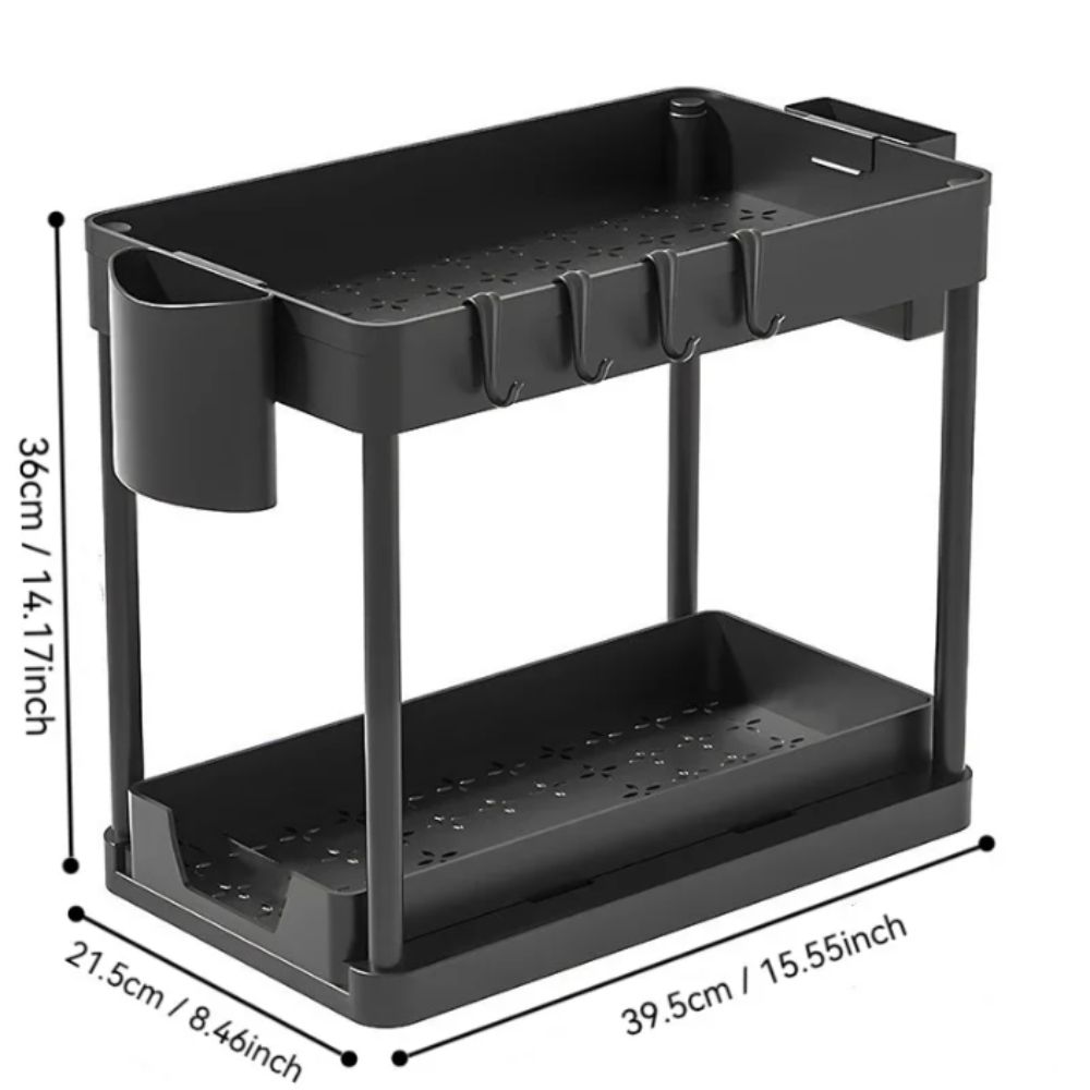 2 Tier Sliding Cabinet Basket With Hooks Under Sink Organizer Upgraded Bathroom Organizer Bathroom