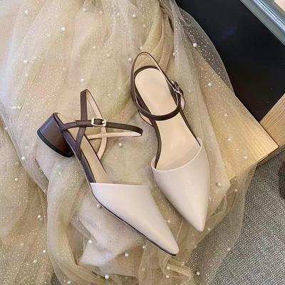 Сандалии женские 2025 новые весенние и летние новые европейские и американские остроносые туфли с заостренным носком на среднем каблуке и толстом каблуке