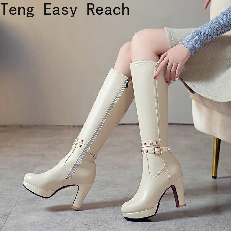 Sexy Autumn Winter Knee-Length Women Boots Round Toe Zip Metal Decoration High Heels Shoes Long Boots Black White Beige