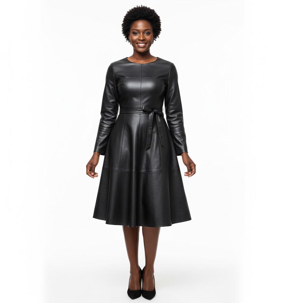 Женское черное кожаное модное платье из натуральной мягкой овчины, повседневное, новое, ручной работы