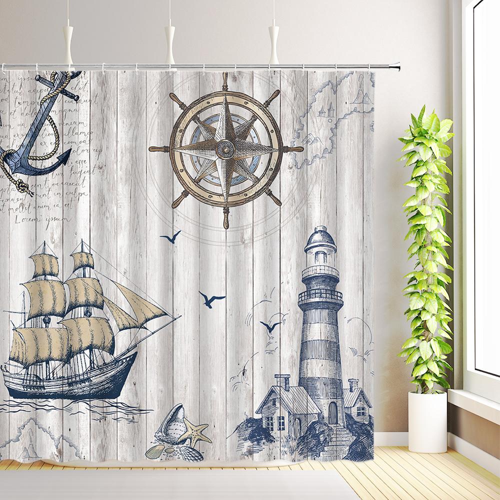 Nautical Sailboat Shower Curtain Ocean Lighthouse Compass Anchor Starfish Seashell Bathroom Decor Fabric Curtains with Hooks