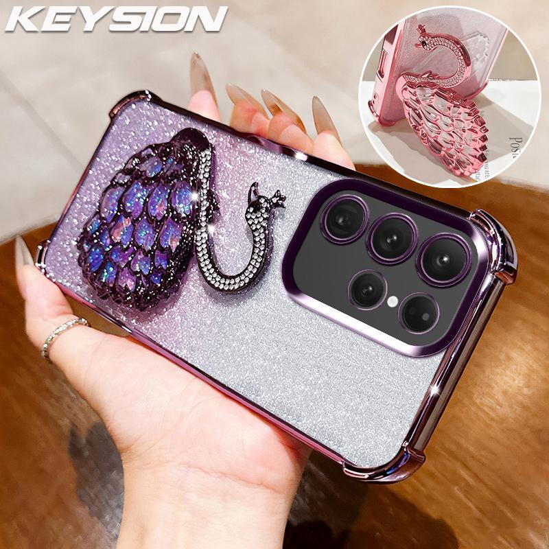 KEYSION Противоударный чехол из ТПУ с гальваническим покрытием для Samsung S24 S25 Ultra S25+ с блестящим инкрустированным драгоценными камнями лебедем-подставкой для Galaxy S24 S25 FE 5G
