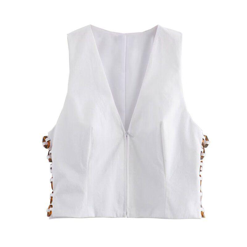 Fashion Style Summer New Arrival Women's Hawksbill Effect Trim Vest-Style White Tops Mid-Waist Culottes 8338730