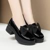 Spring Women British Style Shallow Patent Leather Black Loafers Thick Bottom Bow Platform Shoes Med Heels Single Pumps
