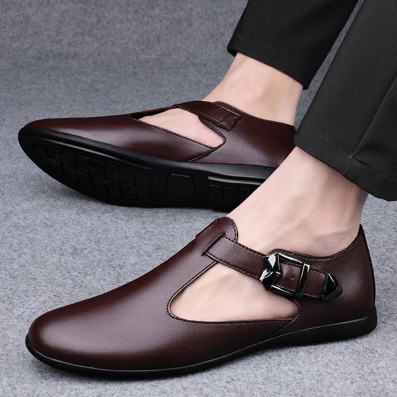 Summer Men Top Layer Cowhide Hollowed Out Casual Leather Shoes with Low Collar Men Sandals Breathable Classic Mens Flat Sandals