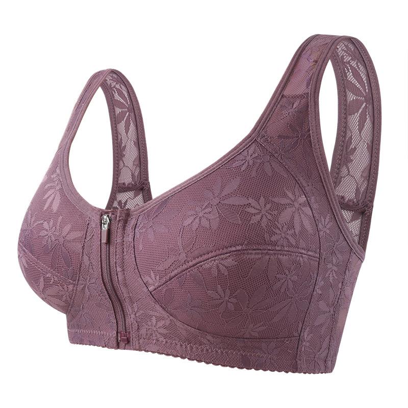 Soft Cotton Thin Cup Front Zipper Middle-aged and Elderly Underwear Ladies Jacquard Non-steel Ring Undershirt Type Large Size Bra