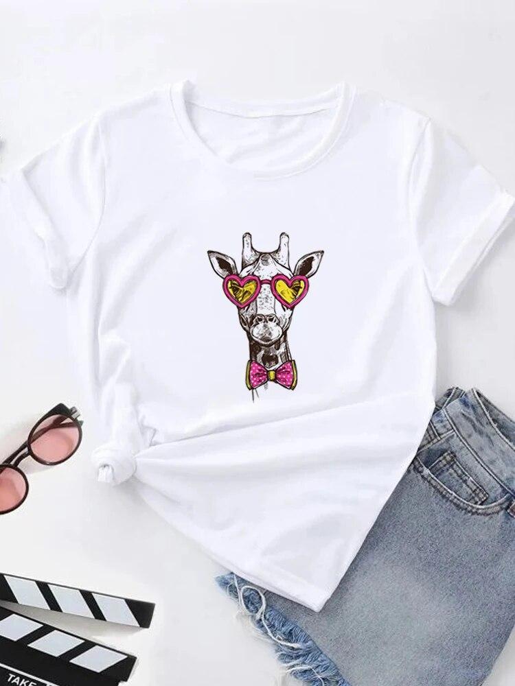 Футболка с летним принтом, женские футболки с рисунком Harajuku, корейская повседневная модная футболка с короткими рукавами Harajuku, белая футболка с круглым вырезом