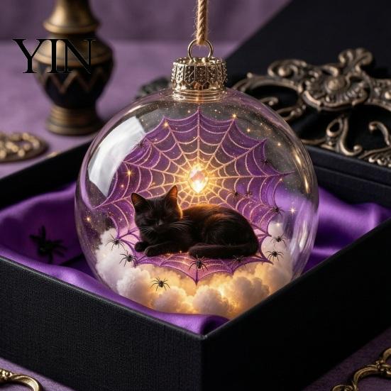Indoor Home Holiday Accents Halloween Ball Ornament, Light Up Plastic Clear Hanging Festive Atmosphere Decoration with Cat/Skeleton/Bat Inside