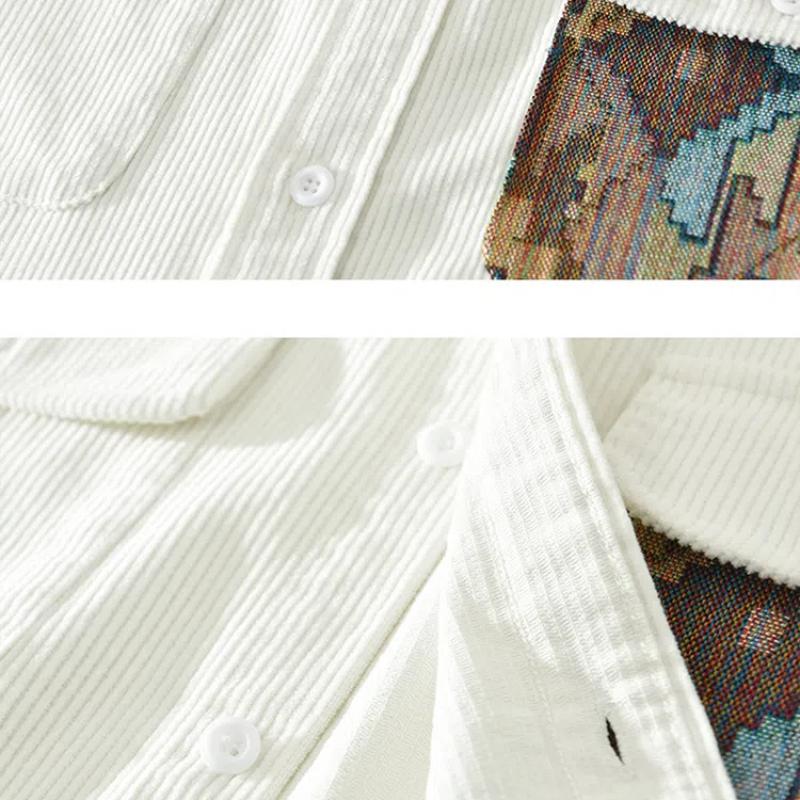 Рубашки с длинным рукавом в японском стиле в стиле ретро для мужчин, свободная вельветовая рубашка на осень и зиму, повседневные рубашки из чистого хлопка с двойными карманами и принтом