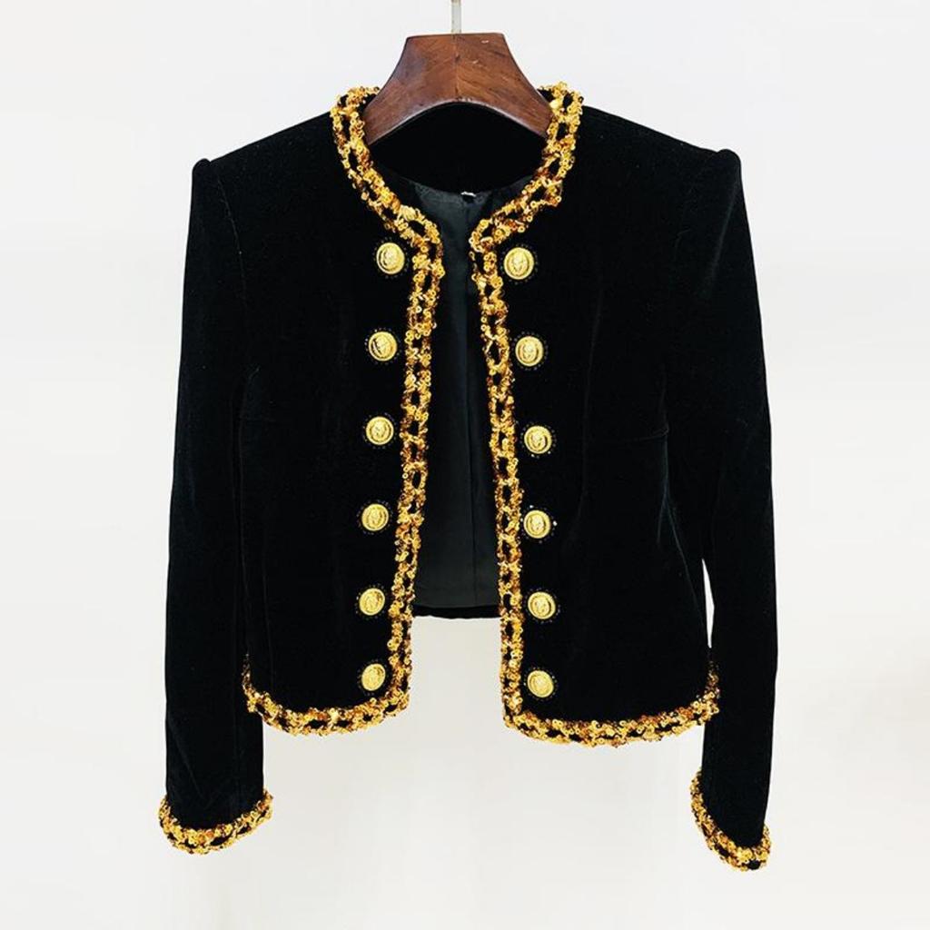 2024 New Spring Autumn Women's Jacket Fashion Outerwear Sequin Gold Buttons Velvet Jackets for Ladies Long Sleeves Short Cardigans