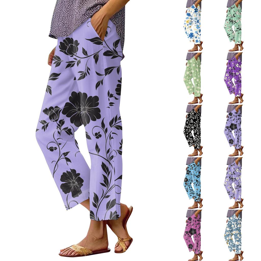 Women's Fashionable Floral Print Straight Leg Pocket Elastic Waist Casual Pants Pants