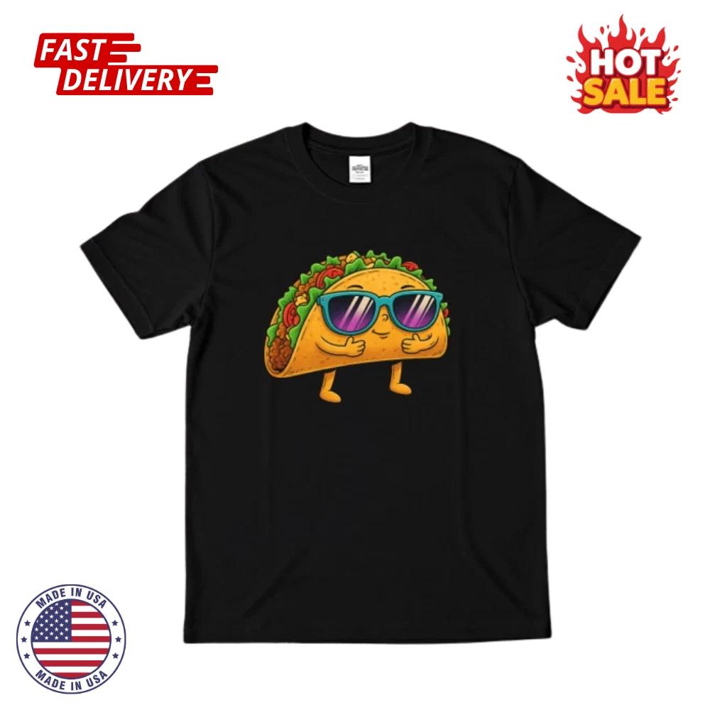 Cool Taco Inspired T-Shirt Funny Food Graphic Shirt with Sunglasses Cartoon Taco