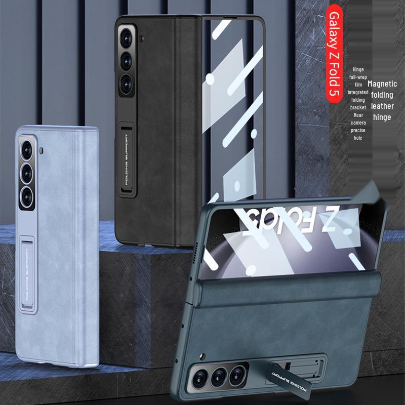 Кожаный чехол для Samsung Z Fold5: Магнитный шарнир, Полное покрытие, Подставка, Защита от пересечения границ