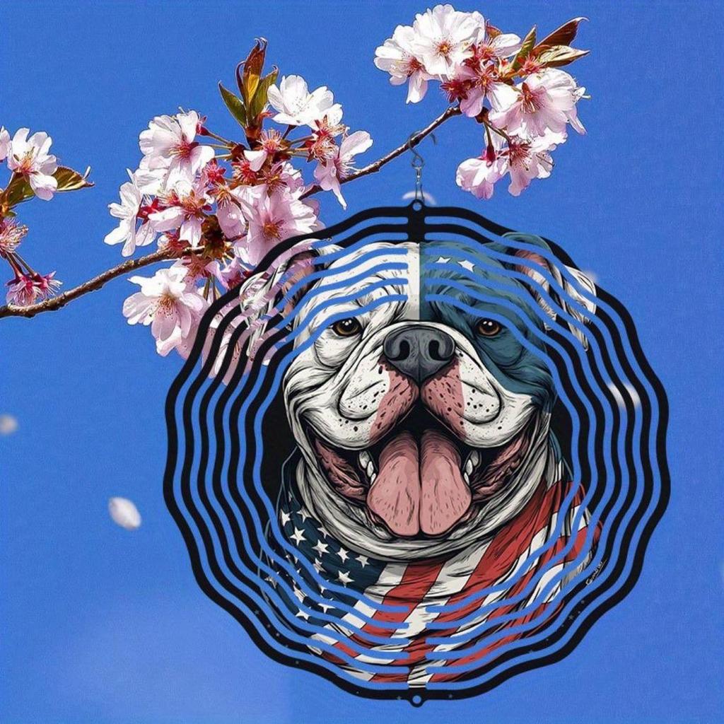 American Flag Dog Design 3D Metal Wind Chime for Outdoor Garden Patio Indoor Decor Holiday Festival Party Gift Rotating Wind Spinner