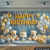 2D Flat Banner Birthday Party Background Cloth Light Blue Curtain Cake Teddy Bear Theme with Golden HAPPY BIRTHDAY