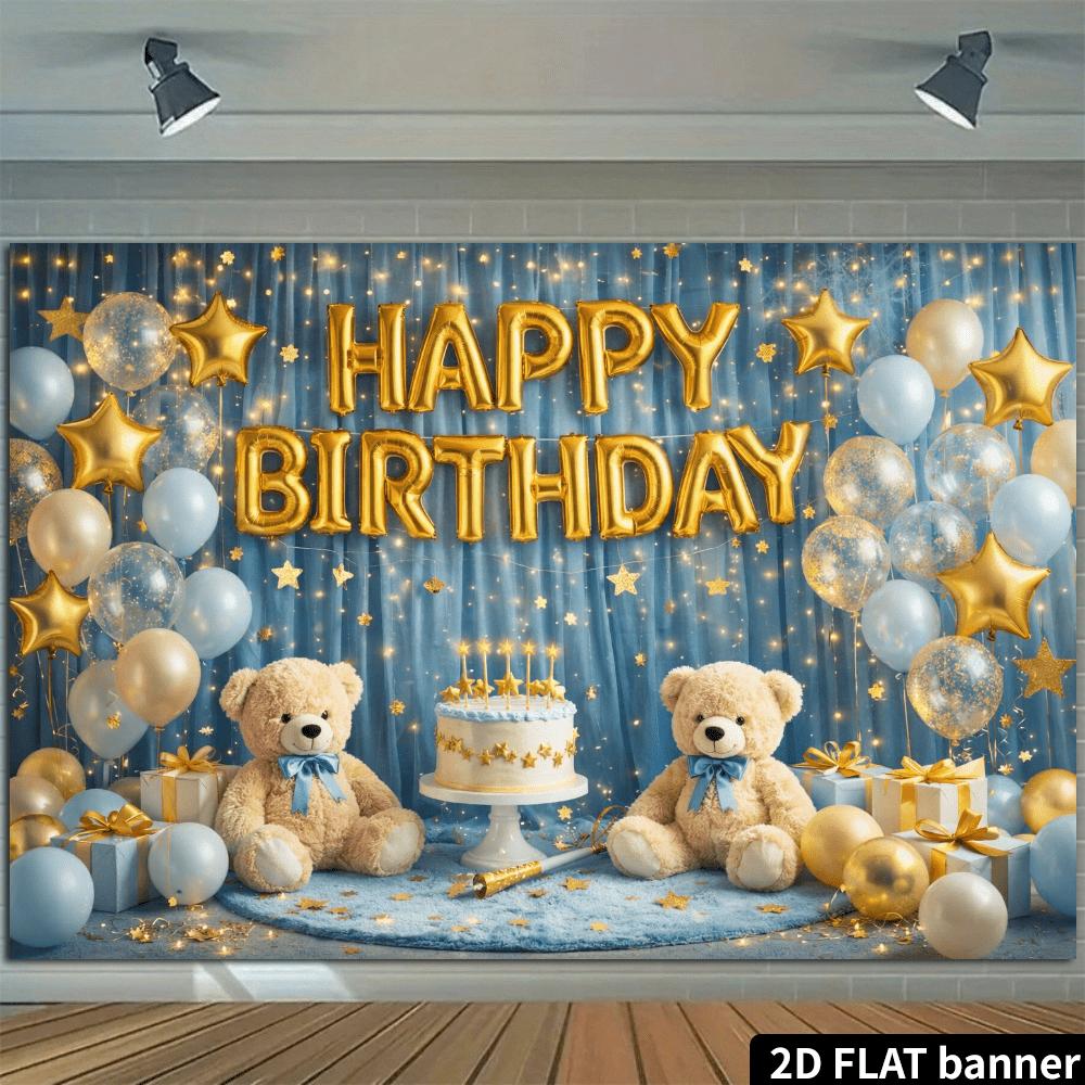 2D Flat Banner Birthday Party Background Cloth Light Blue Curtain Cake Teddy Bear Theme with Golden HAPPY BIRTHDAY