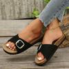 Women's Shoes 2024 Summer Hot Selling Fashion Open Toe Solid Color Medium Heel Flat Bottom Buckle Roman Women's Beach Slippers
