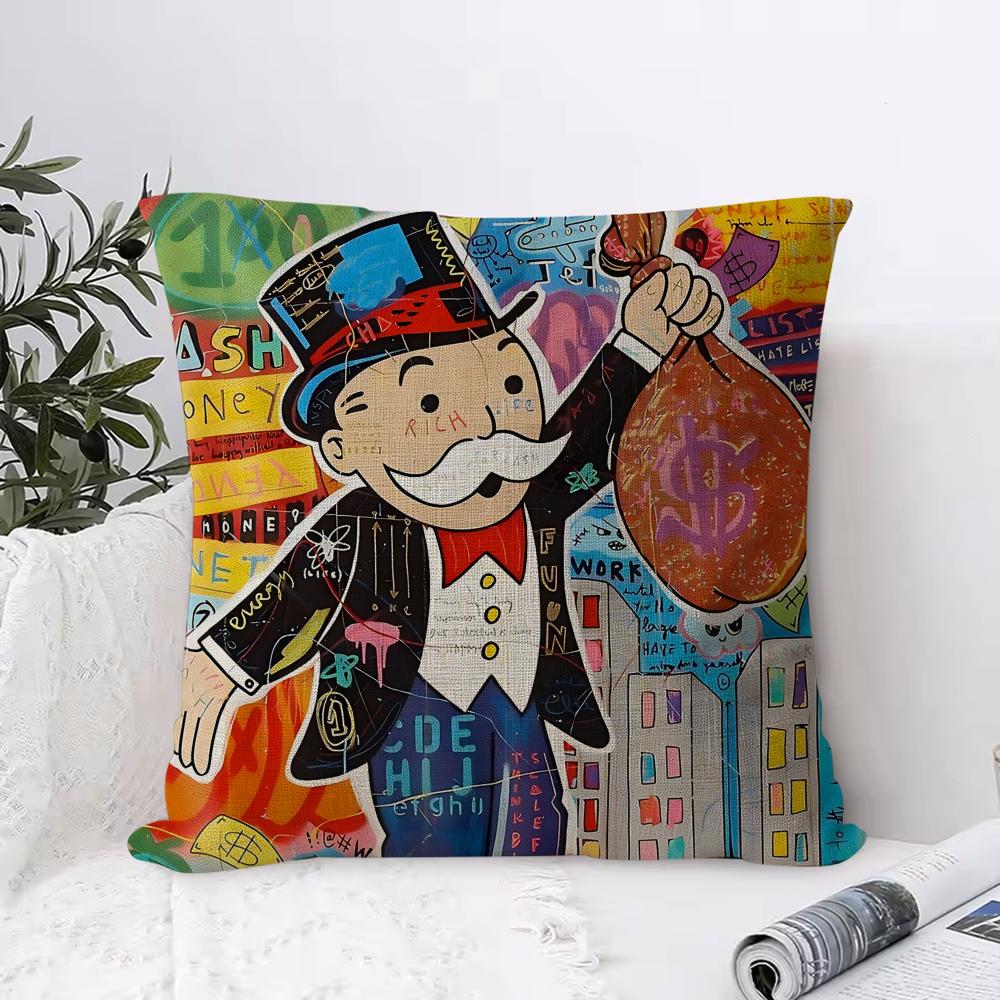 Cute MMonopoly Cushion Cover Eco Linen Pillow Case DoubleSided Print Breathable Durable Hidden Zipper Home Decor Gift