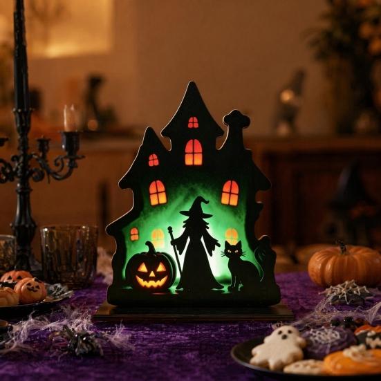 Деревянная центральная композиция DYS Witch для стола, Жуткий замок Черная кошка Настольное украшение для вечеринки на Хэллоуин, Многоуровневая подставка для декора стола