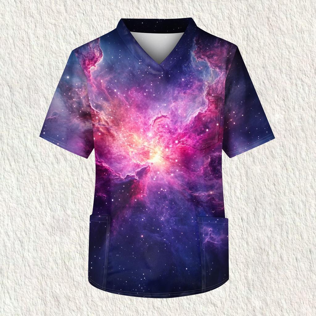 Мужская рабочая блузка с короткими рукавами и v-образным вырезом с принтом, топ с нагрудным карманом