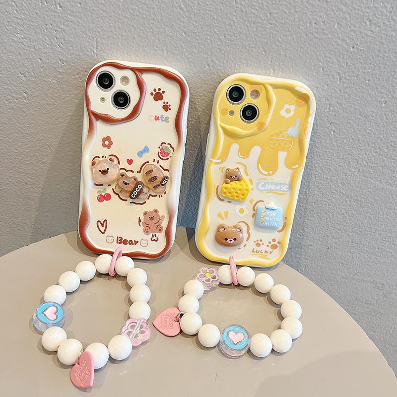 Чехол для телефона с кремовым тортом для Samsung Galaxy S24 Ultra S23 S22 S21 S20 FE A25 A54 A34 A24, браслет с 3D мультяшным милым медведем, волнистый чехол