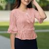Women Summer Round Neck Half Sleeve Lace Patchwork Blouse