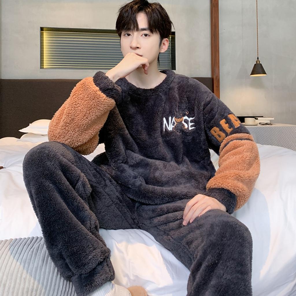 Зимняя одежда, коралловый флис, пижамы, мужская одежда, утепленный флис, круглый вырез, брюки с длинными рукавами, костюмы, домашняя одежда