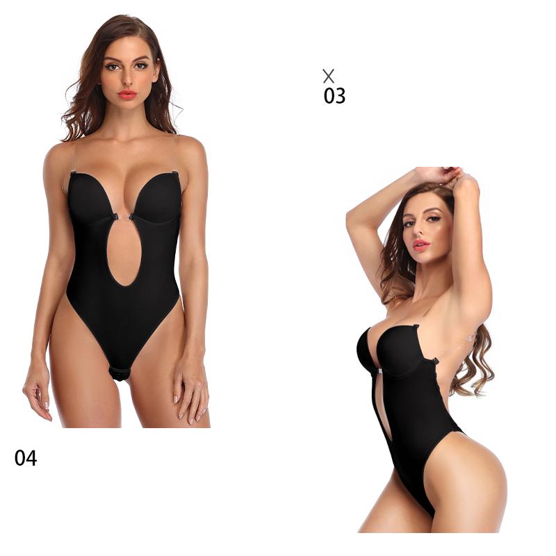 Women Shapewear Deep V-Neck Body Shaper Backless U Plunge Thong Shapers Waist Trainer Women's Clear Strap Padded Push Up Shapewear
