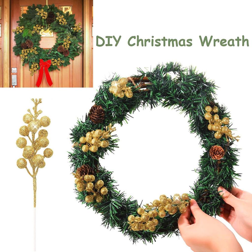 10 шт. Рождественские блестящие стебли ягод Искусственная рождественская симуляция Ягоды падуба Сосновая ветка для украшения рождественской елки Праздничный домашний декор KTY