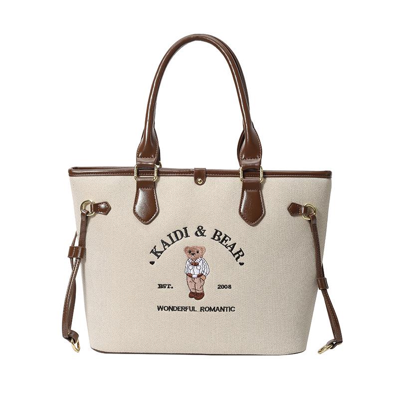 Katie Bear Retro Embroidery Color Block Large Capacity Shoulder Tote Bag 2025