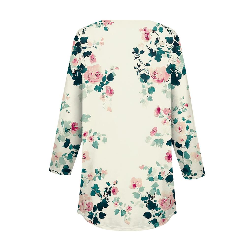 Женская мода свободный воротник на пуговицах с принтом рукав 3/43/4 футболка топы пуловер