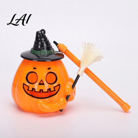 Trick or Treat Lamp Glowing Halloween Pumpkin Lantern Jack O Lantern with Witch Hat Broom Light Funny Up Decor Prop for Kids Party Decor