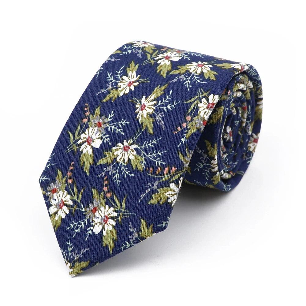 Floral Tie, For Men Women, 100% Cotton, Elegant Flower Necktie, White, Blue, Narrow Skinny, Wedding, Party
