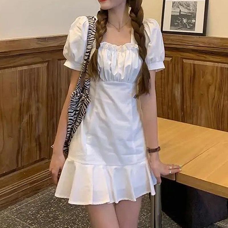 Women's Short Dress Fashion Ruffled Slim Waist Square Collar Small A-line Bag Hip Dress