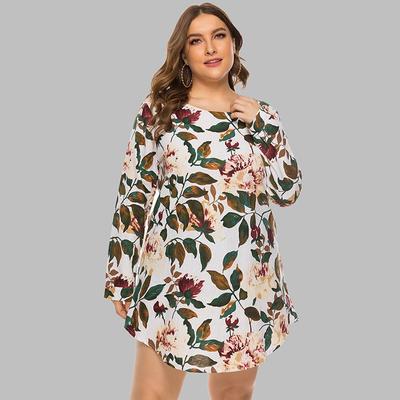 Плюс размер женское весенне-осеннее свободное платье-рубашка с длинным рукавом с круглым вырезом и принтом L-5XL