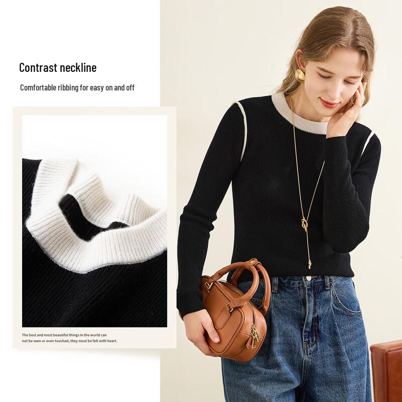 TUHUANG Women's 100% Wool Color-Block Ribbed Slim Fit Base Layer Sweater